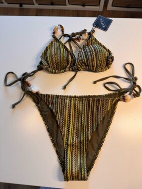 Zaful Olive Green Bikini with Yellow Trim and Bead Accents
